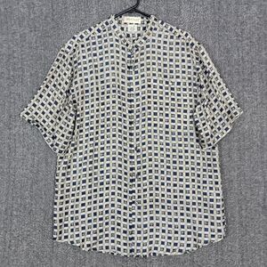 Montage Pour Homme Shirt Mens XL Blue Tan Geometric 100% Silk Short Sleeve